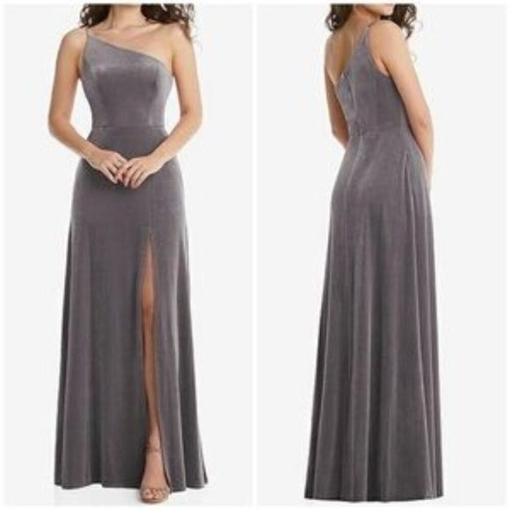 after six gray velvet one shoulder front slit maxi dress